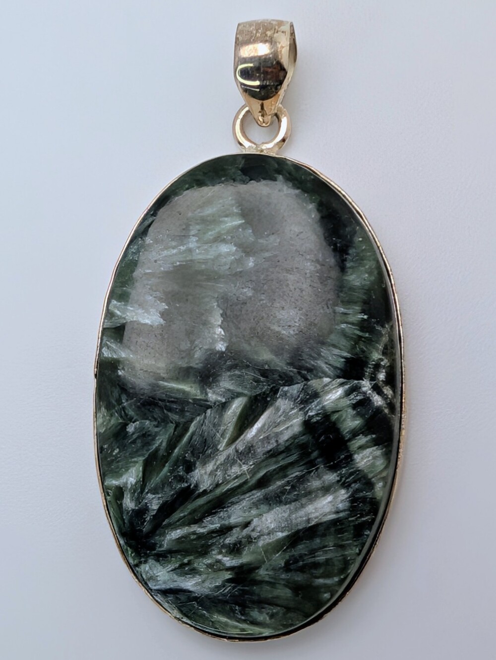 Large Seraphinite S925 Sterling Silver Gemstone Oval Pendant